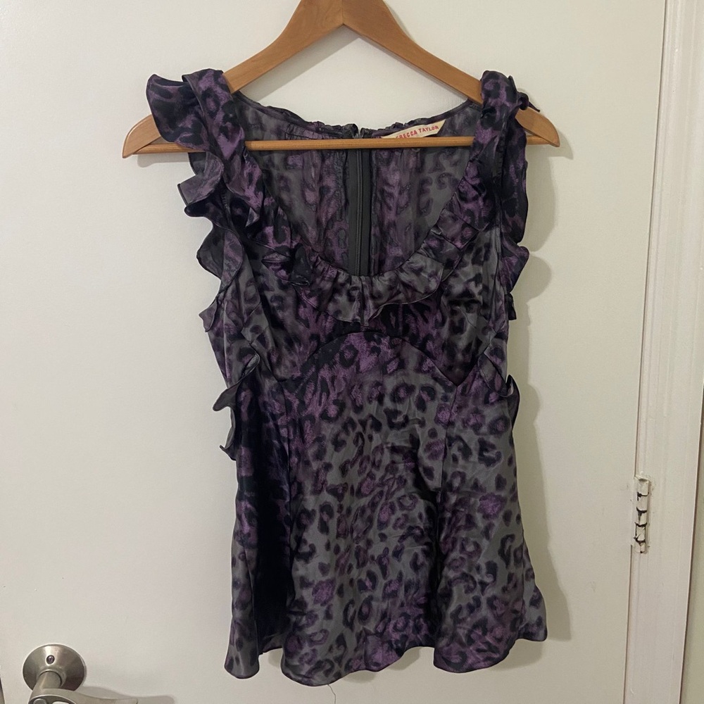 Rebecca Taylor | Purple Leopard Print Ruffle Sleeveless Silk Blouse | Size 8